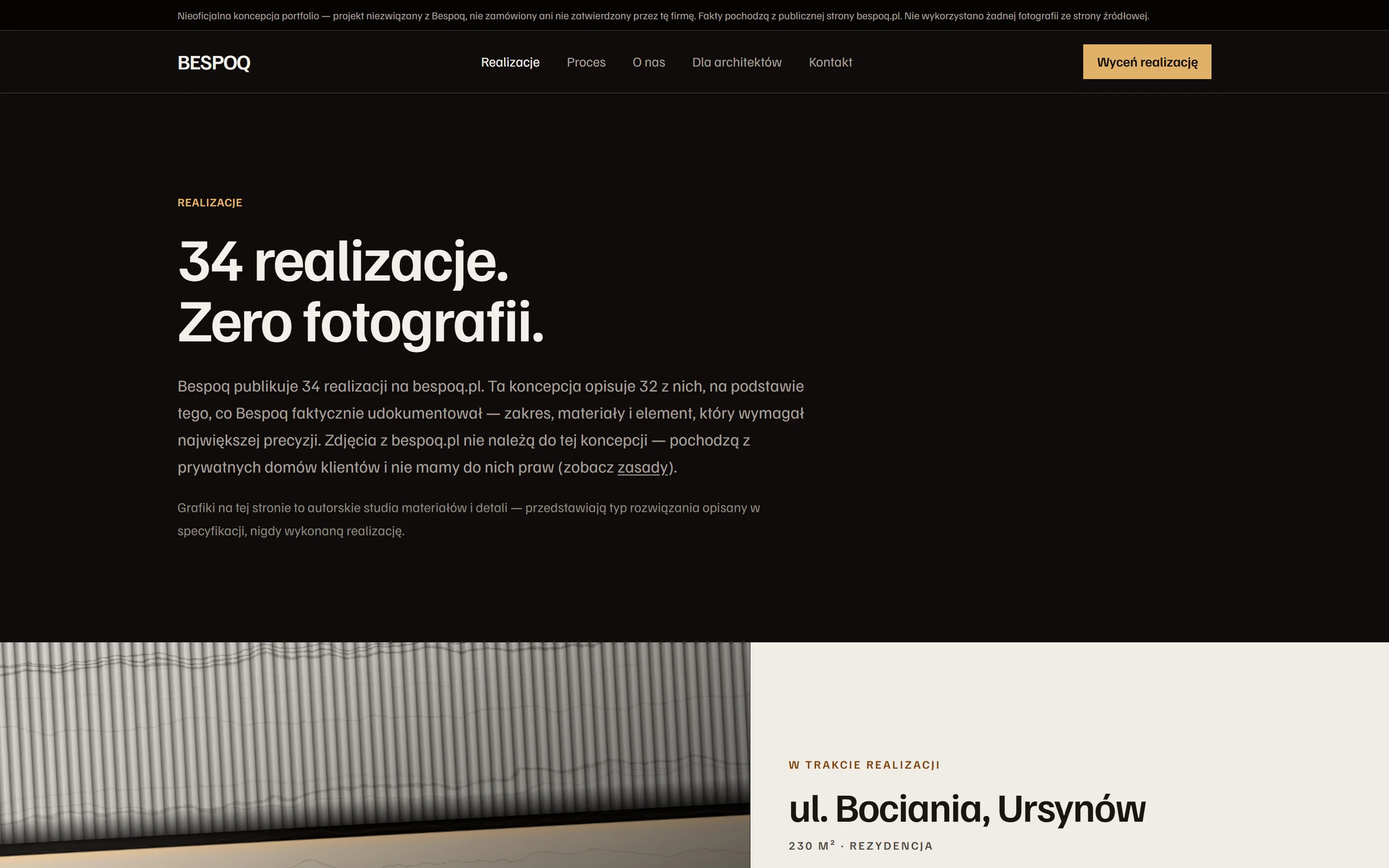 Koncepcja strony realizacji Bespoq z ciemnym układem opartym na materiale i detalu