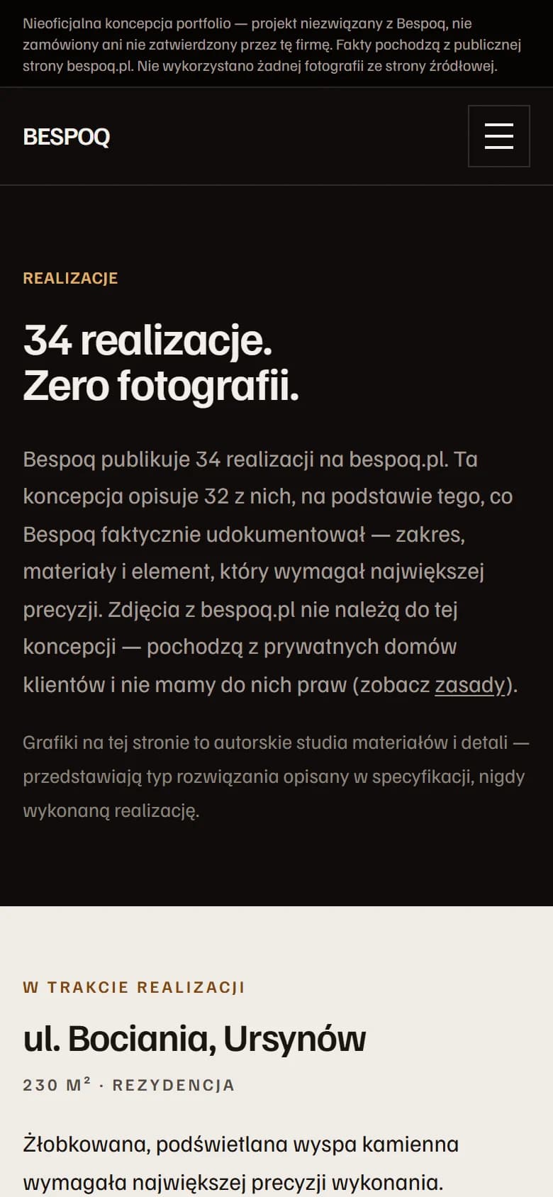 Mobilna koncepcja strony realizacji Bespoq z materiałami i opisem wykonania