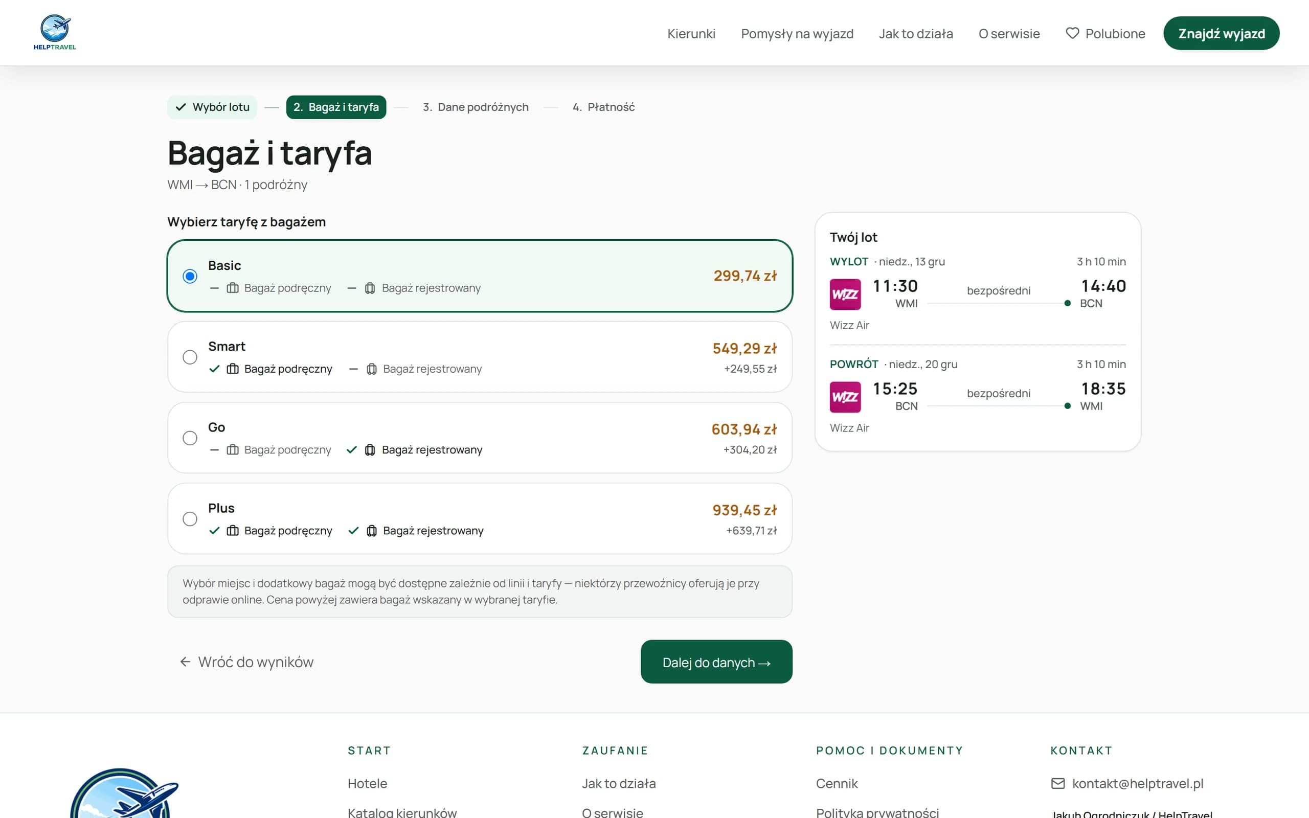 Wybór taryfy lotniczej w HelpTravel z informacją o bagażu