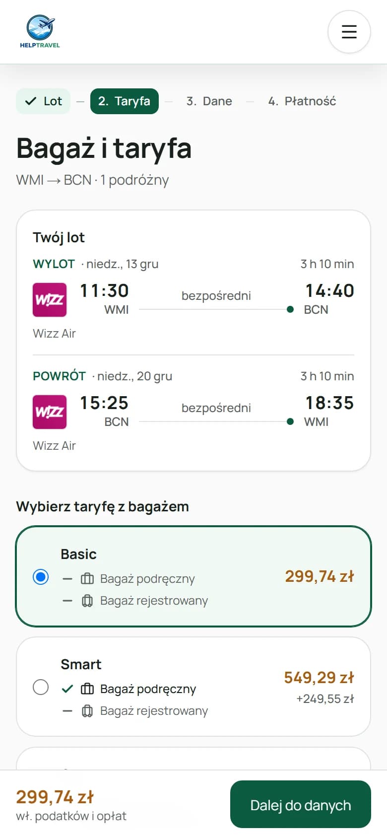 Mobilny wybór taryfy lotniczej w HelpTravel z informacją o bagażu