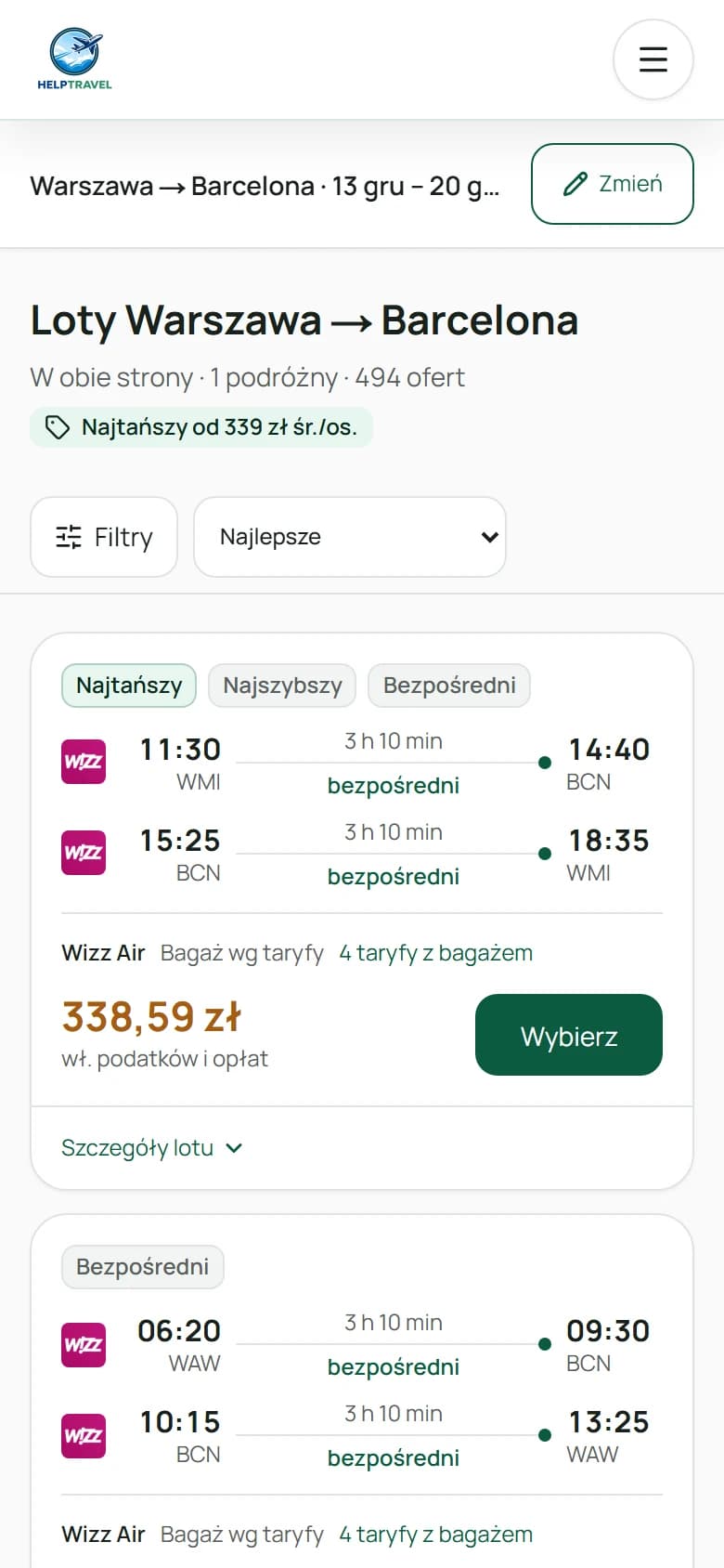 Mobilne wyniki lotów HelpTravel z oznaczeniami ofert i cenami