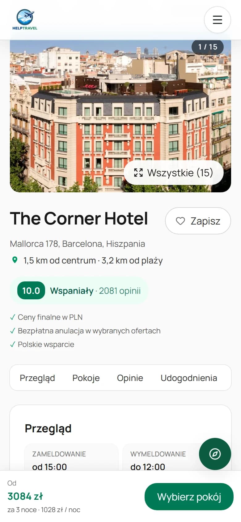 Mobilna strona hotelu w HelpTravel z galerią i szczegółami pobytu