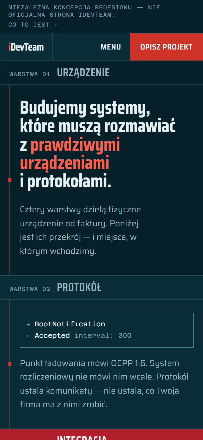 Mobilna koncepcja iDevTeam z warstwami urządzenia, protokołu i integracji
