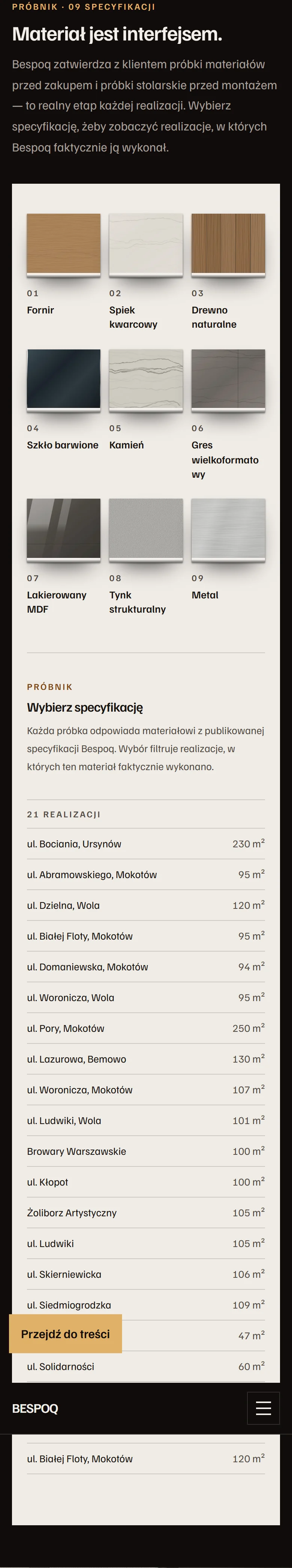 Mobilny PRÓBNIK Bespoq — autorskie próbki materiałów i wyniki filtrowania realizacji