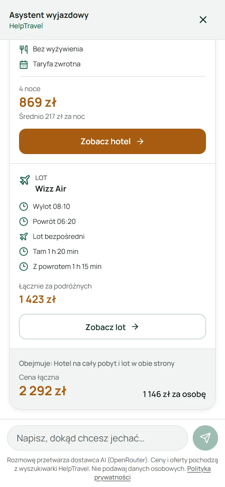 Asystent HelpTravel na telefonie — pakiet hotel i lot z ceną łączną