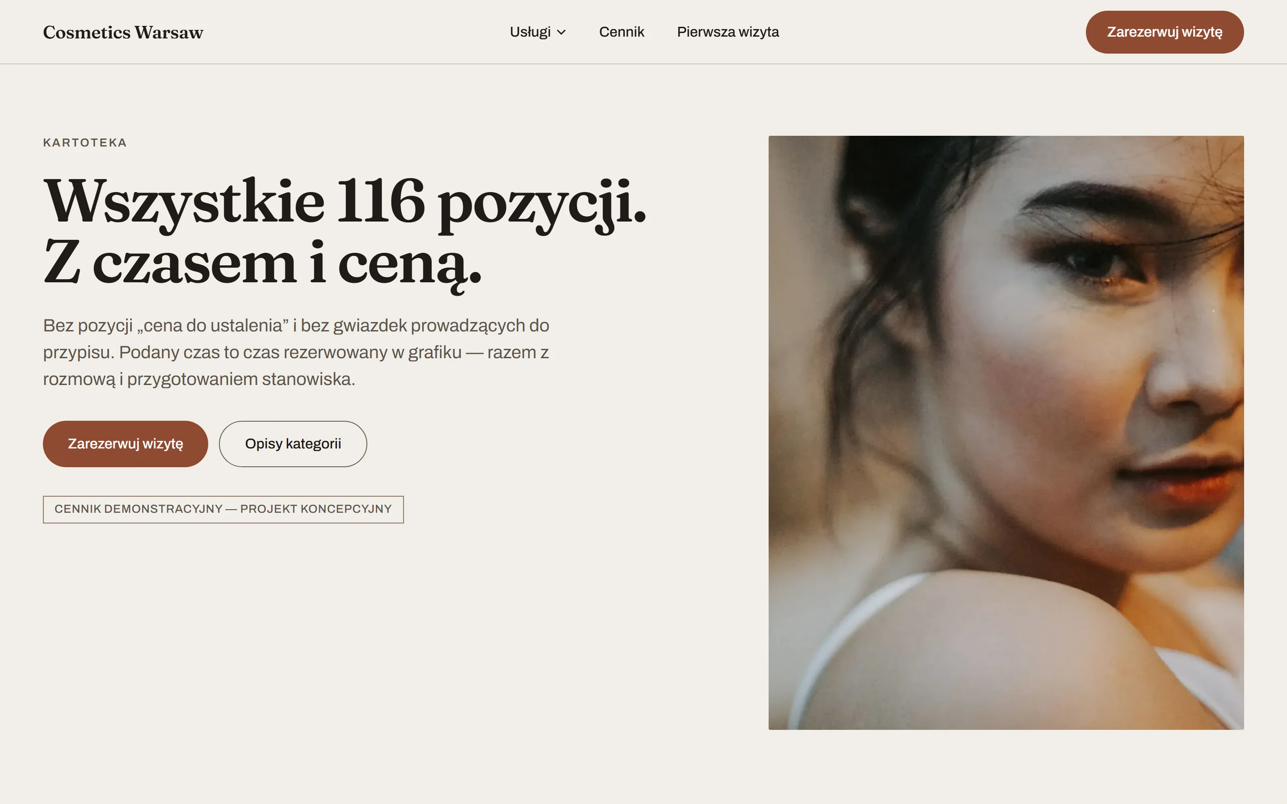 Cennik koncepcji Cosmetics Warsaw z kategoriami usług i czytelnym układem cen