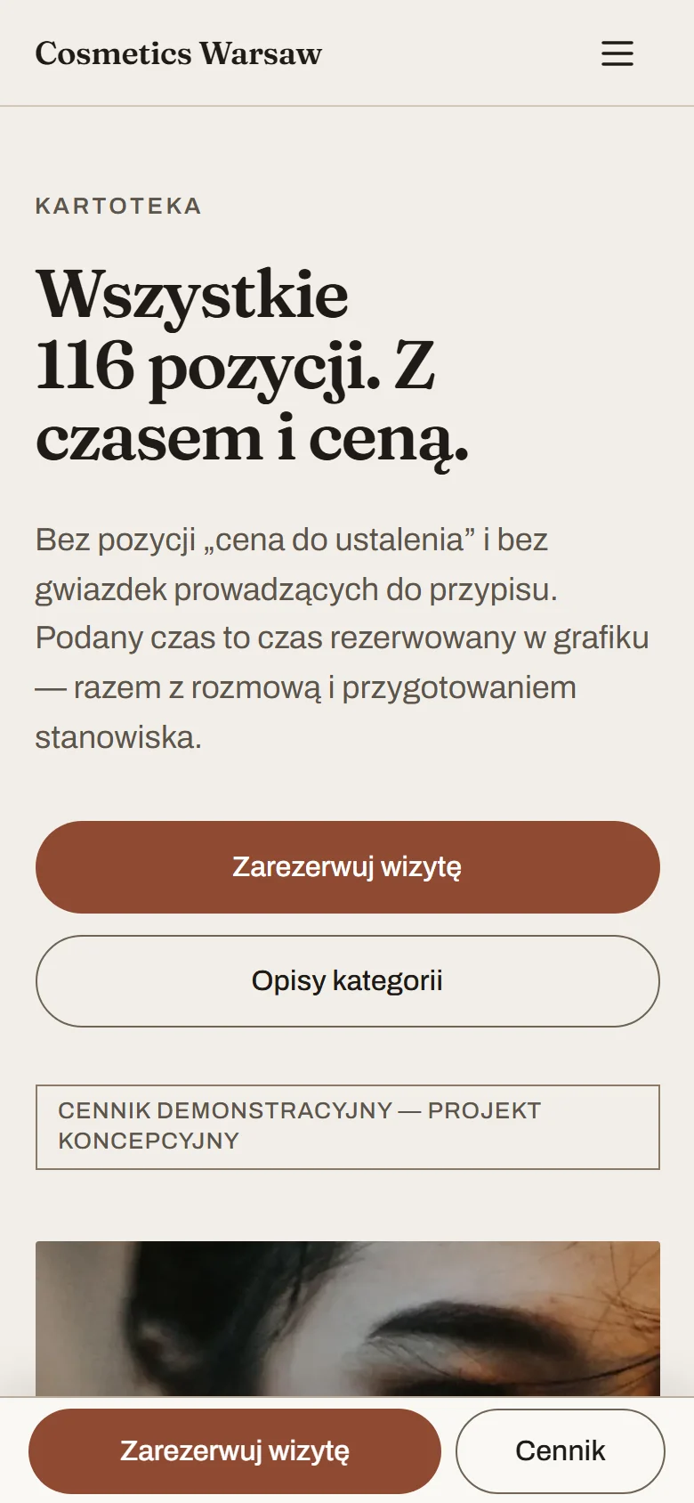 Mobilny cennik koncepcji Cosmetics Warsaw z kategoriami usług