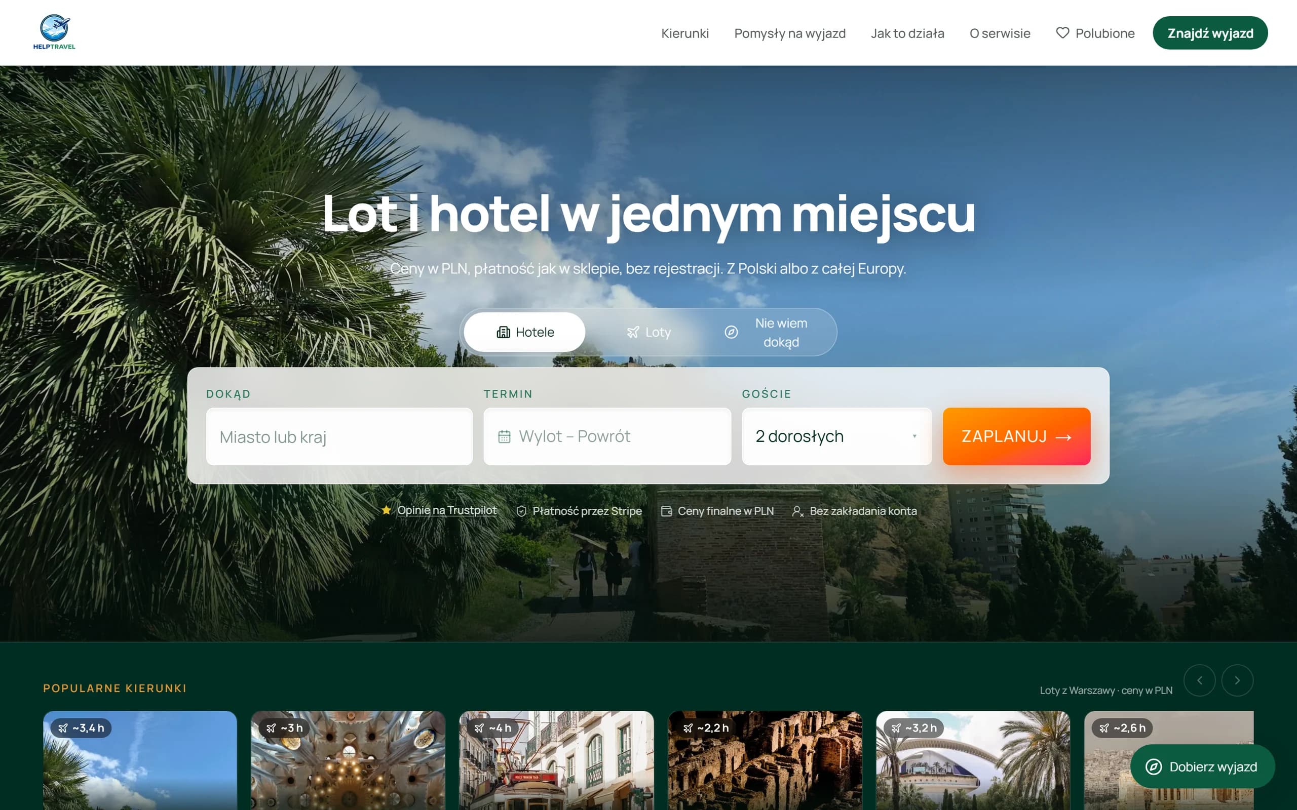 HelpTravel — strona główna z wyszukiwarką hoteli, lotów i opcją „Nie wiem dokąd”