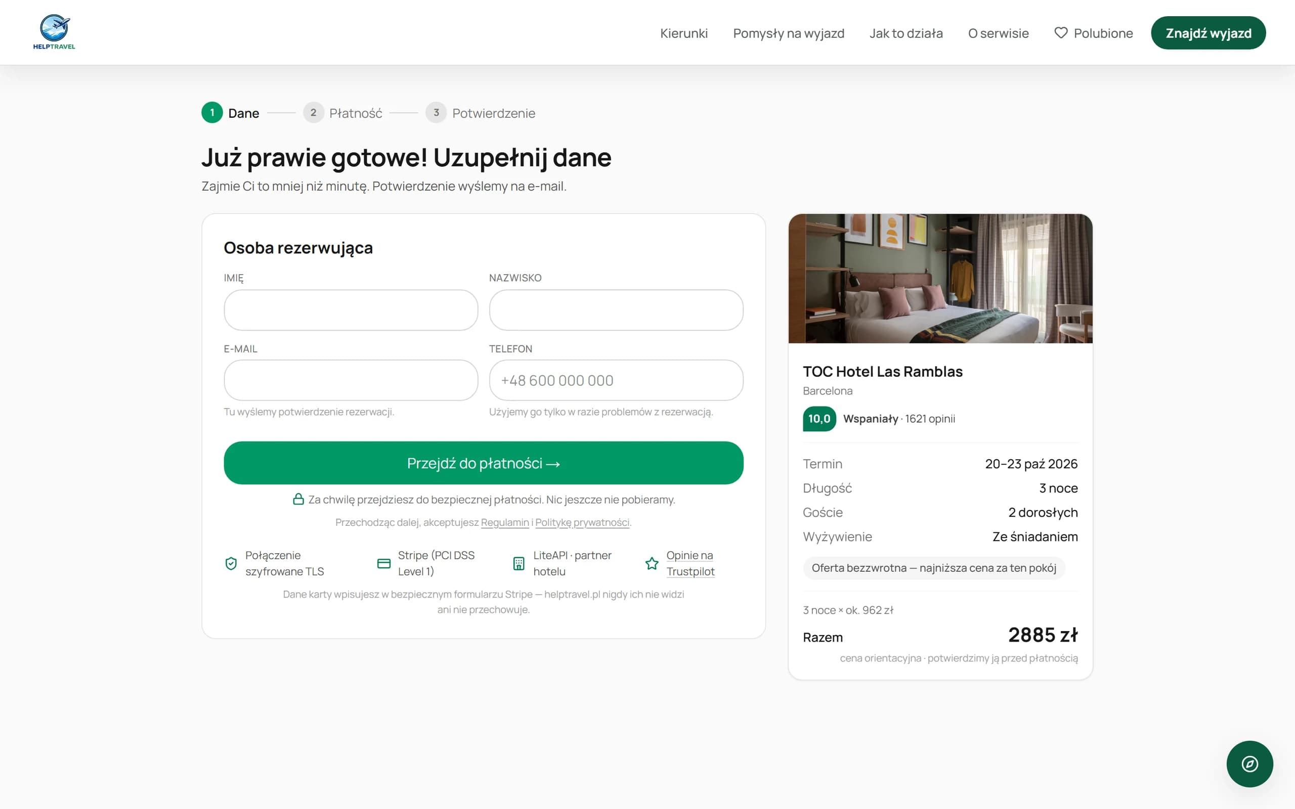 HelpTravel — formularz rezerwacji hotelu przed płatnością