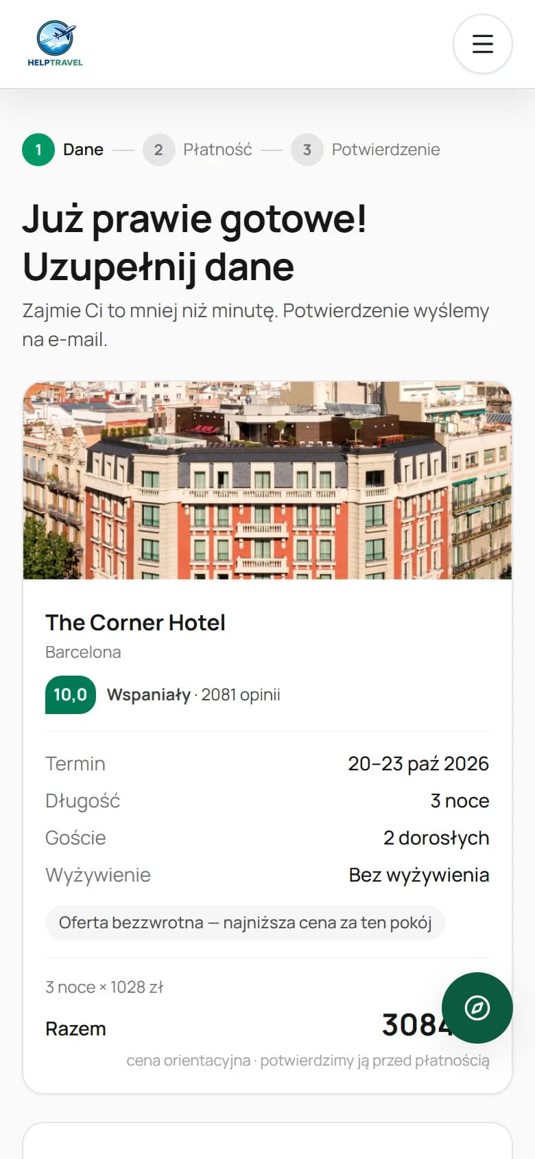 HelpTravel na telefonie — ostatni krok rezerwacji