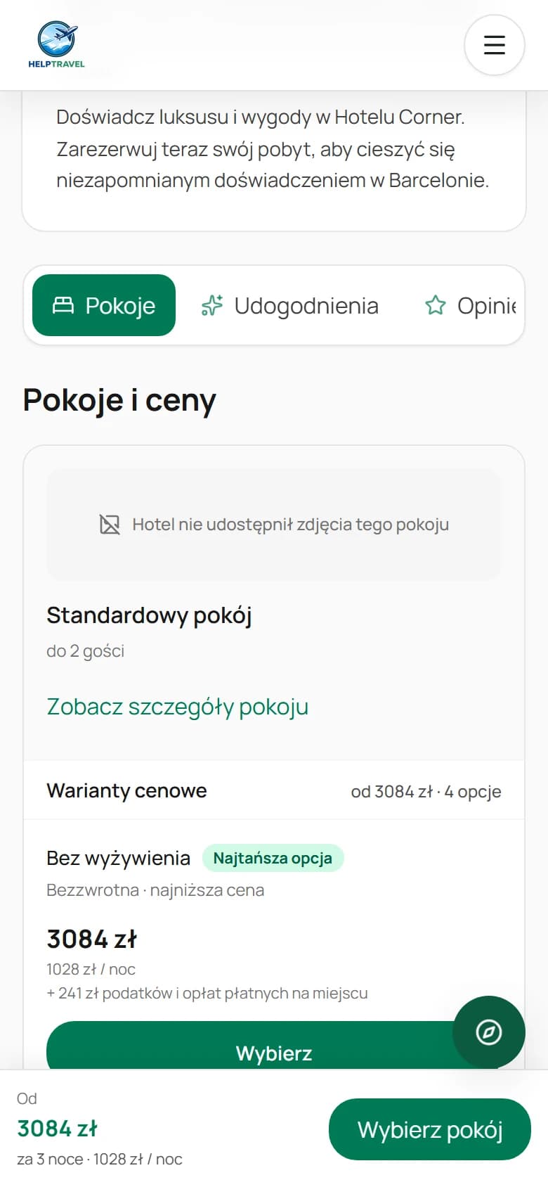 HelpTravel na telefonie — pokoje i warianty cenowe