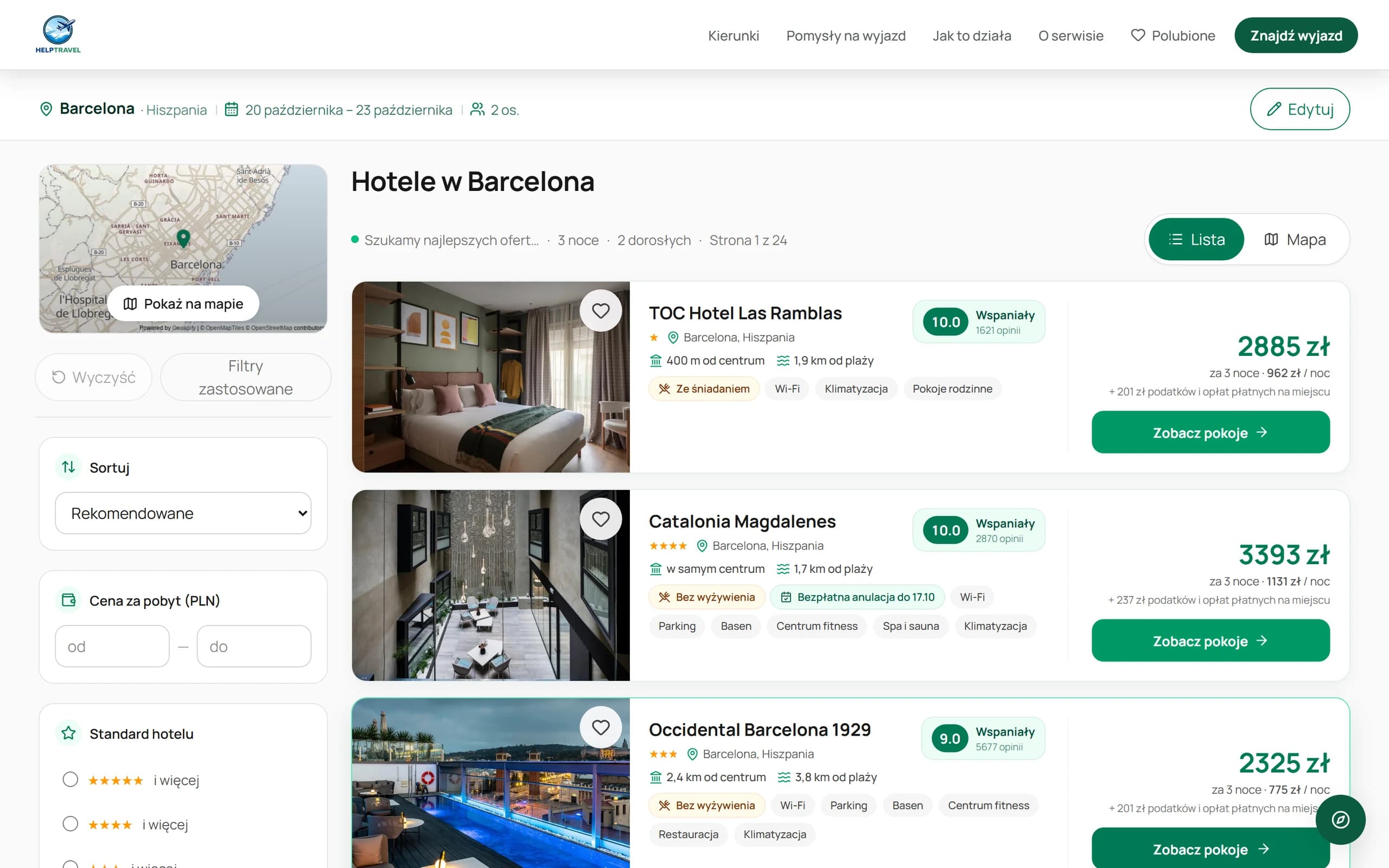 HelpTravel — wyniki hoteli w Barcelonie z ceną łączną i ceną za noc w złotówkach