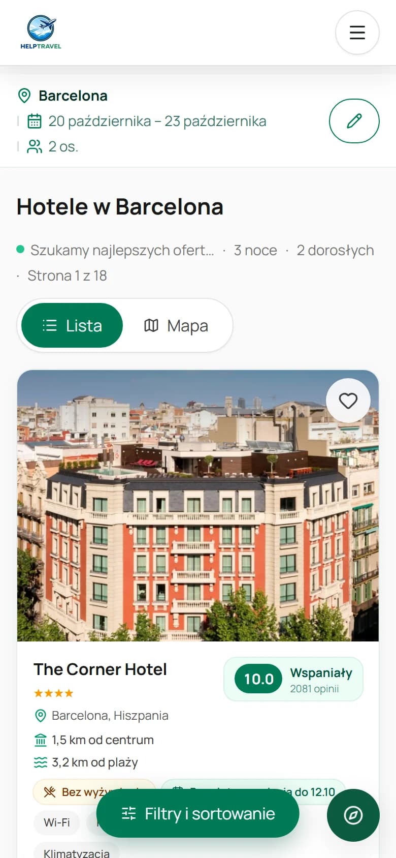 HelpTravel na telefonie — lista hoteli z cenami w złotówkach
