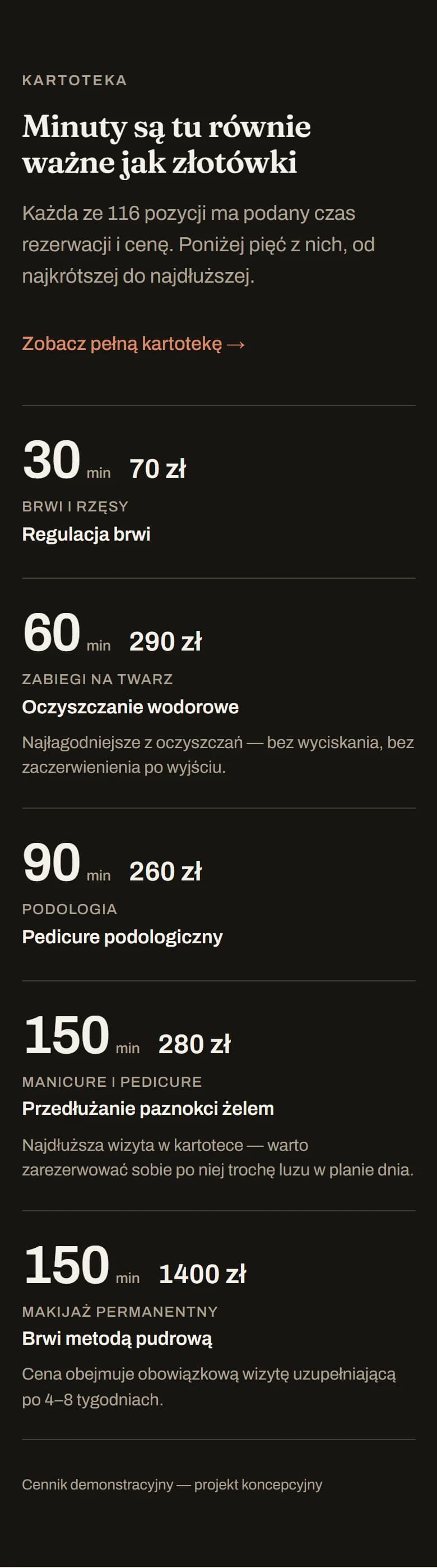 Mobilna KARTOTEKA Cosmetics Warsaw z czasem trwania i cenami usług
