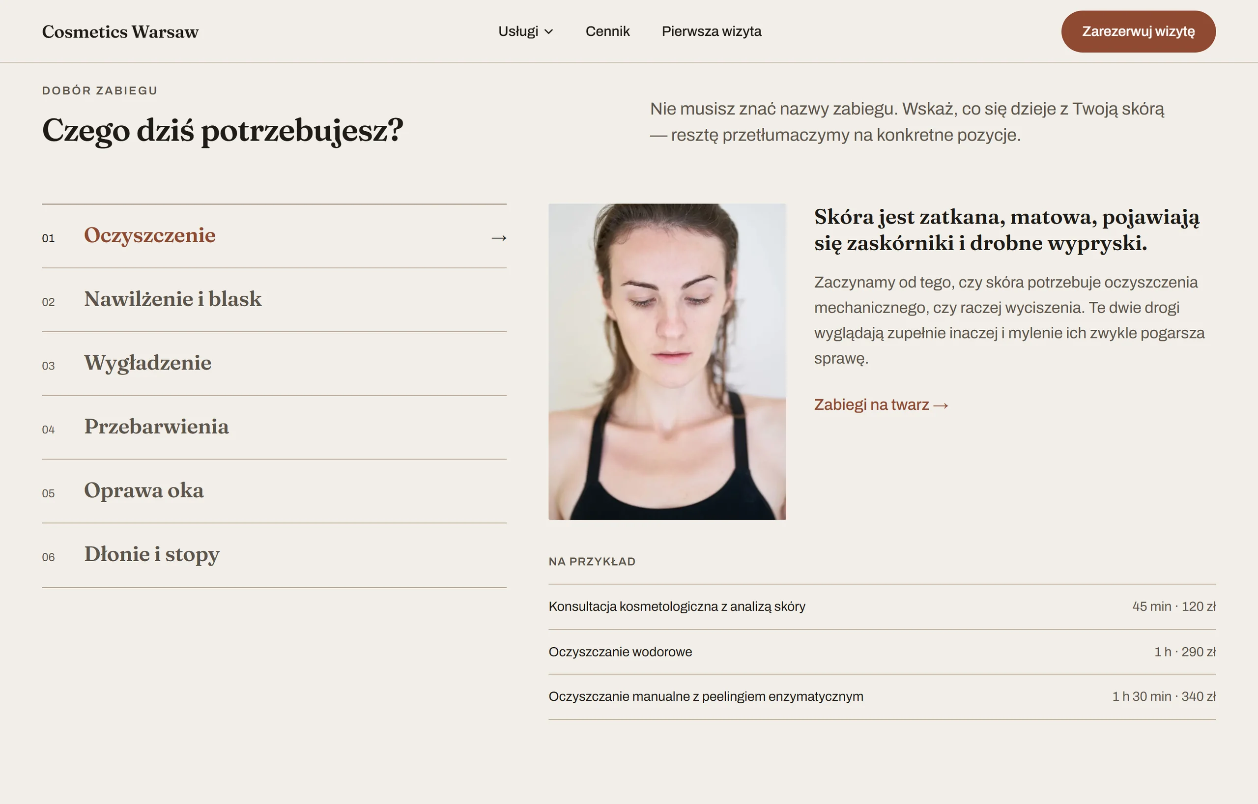 Koncepcja Cosmetics Warsaw — wybór zabiegu według potrzeby skóry z fotografią ilustracyjną